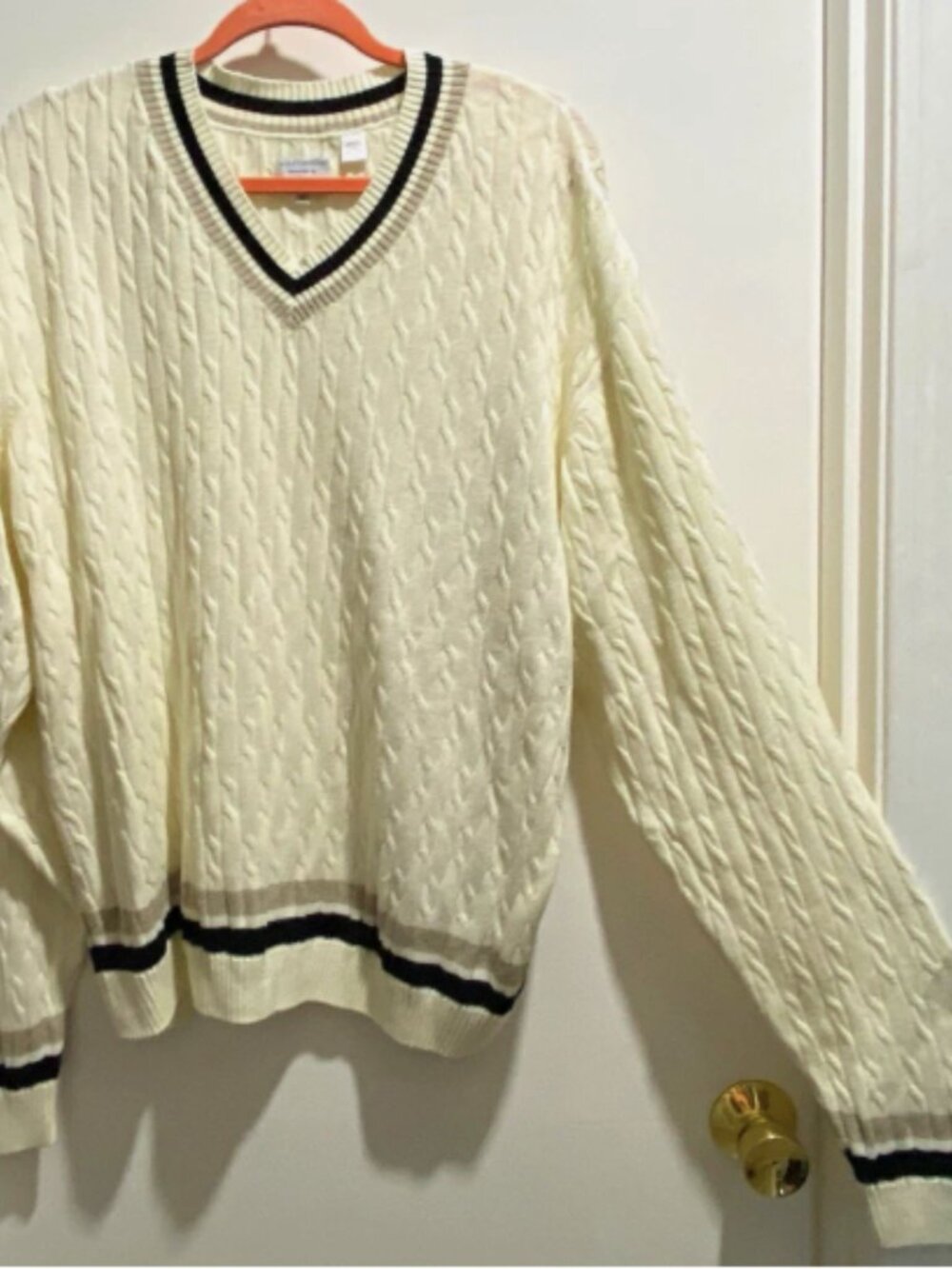 Men Alex Cannon Ivory/Black Cotton Cable Golf Knit V-Neck Pullover Sweater XL